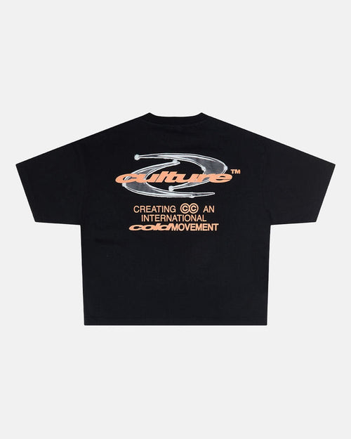 DYNAMIC TEE BLACK AND ORANGE - black graphic print tee, back view - Cold Culture