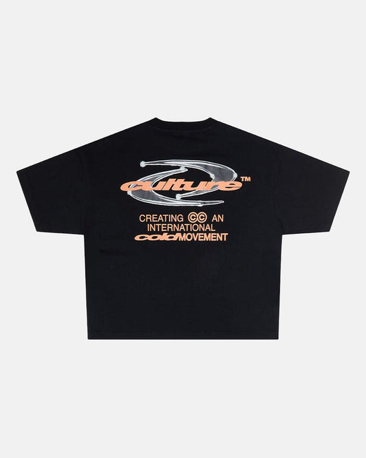 DYNAMIC TEE BLACK AND ORANGE - black graphic print tee, back view - Cold Culture