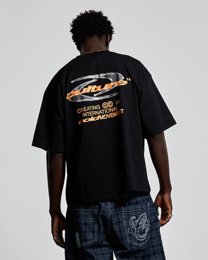 DYNAMIC TEE BLACK AND ORANGE - black graphic print tee, back view on male model - Cold Culture #man