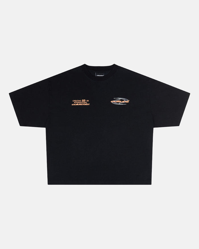 DYNAMIC TEE BLACK AND ORANGE - black graphic print tee, front view - Cold Culture