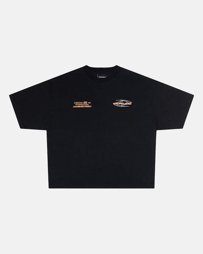 DYNAMIC TEE BLACK AND ORANGE - black graphic print tee, front view - Cold Culture