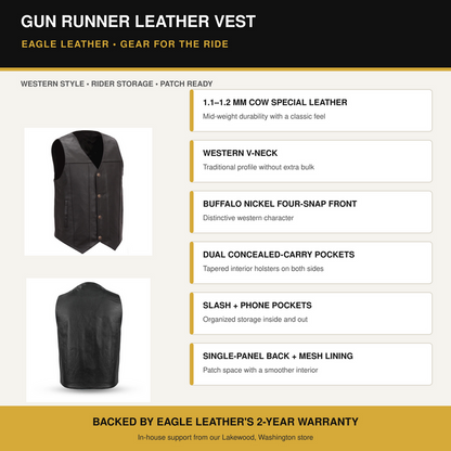 Eagle Gun Runner leather vest features and benefits overview
