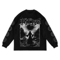 Black long-sleeve shirt by Kittie, made from ring spun cotton with white occult graphics—pentagrams on the sleeves, a hooded figure under a dark sky on the front, and "KITTIE" in stylized text above.