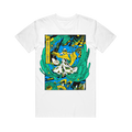 White T-shirt featuring a colorful, stylized graphic of a humanoid figure surfing on abstract green waves with blue and yellow accents. Text on the left reads ROYAL SODA in capital letters. Crafted from 100% airlume combed cotton for superior comfort and available in unisex sizing, this Bella + Canvas T-Shirt is perfect for anyone looking to add vibrant style to their wardrobe.