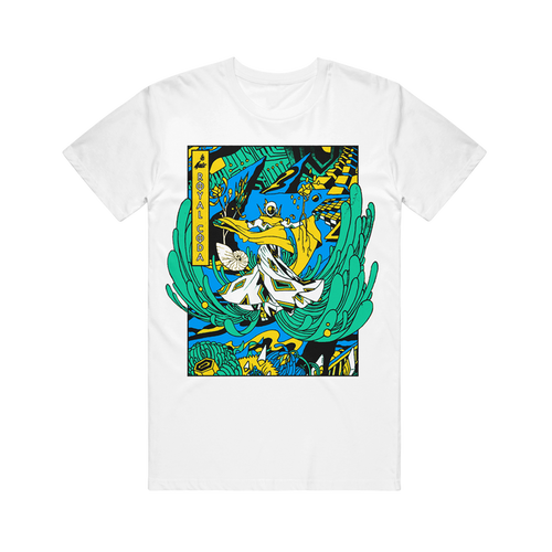 White T-shirt featuring a colorful, stylized graphic of a humanoid figure surfing on abstract green waves with blue and yellow accents. Text on the left reads ROYAL SODA in capital letters. Crafted from 100% airlume combed cotton for superior comfort and available in unisex sizing, this Bella + Canvas T-Shirt is perfect for anyone looking to add vibrant style to their wardrobe.
