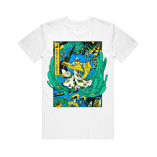 White T-shirt featuring a colorful, stylized graphic of a humanoid figure surfing on abstract green waves with blue and yellow accents. Text on the left reads ROYAL SODA in capital letters. Crafted from 100% airlume combed cotton for superior comfort and available in unisex sizing, this Bella + Canvas T-Shirt is perfect for anyone looking to add vibrant style to their wardrobe.