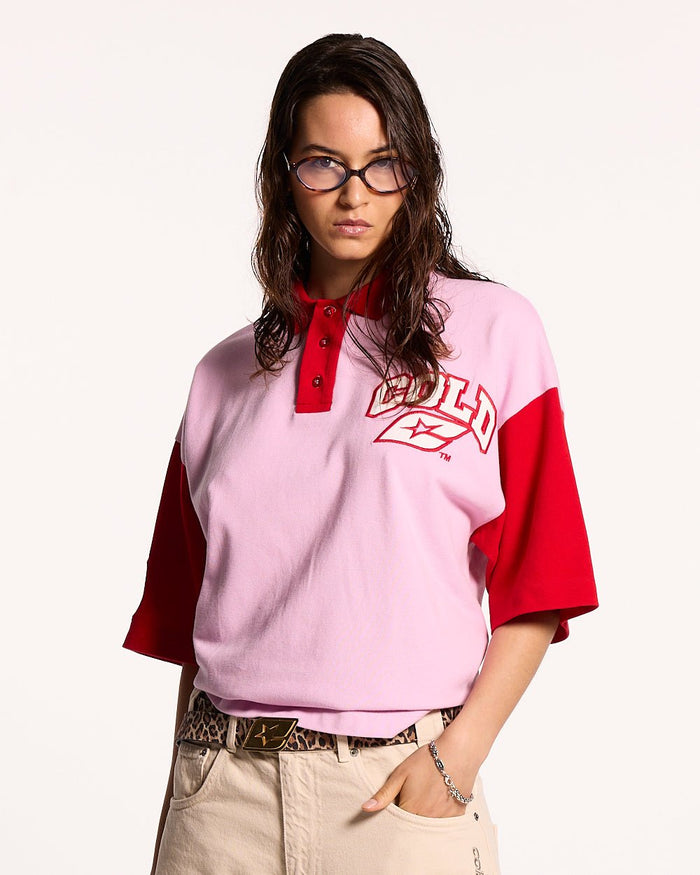 ELLIOT POLO PINK - pink colorblock polo shirt, front view on female model - Cold Culture #woman