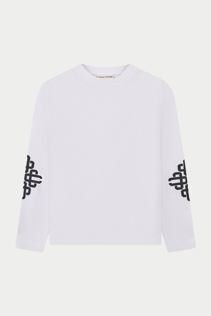 White long sleeved t-shirt with black logos on sleeves on a white background