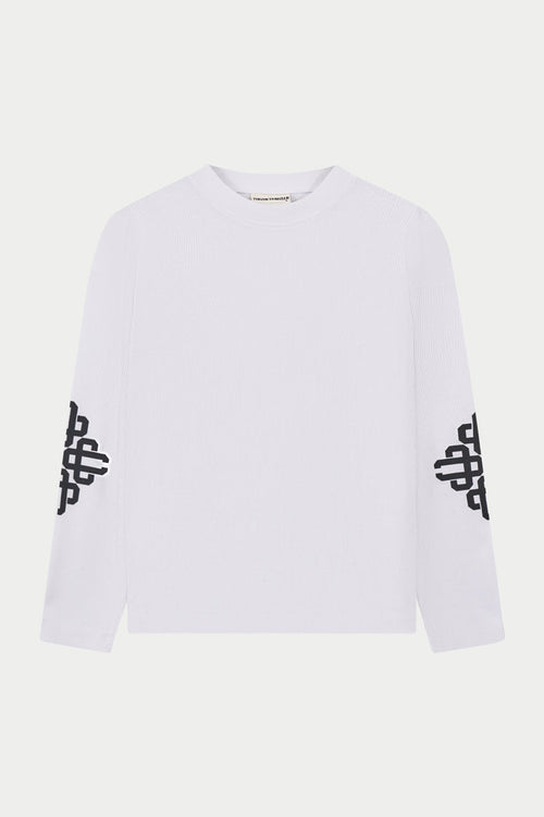 White long sleeved t-shirt with black logos on sleeves on a white background