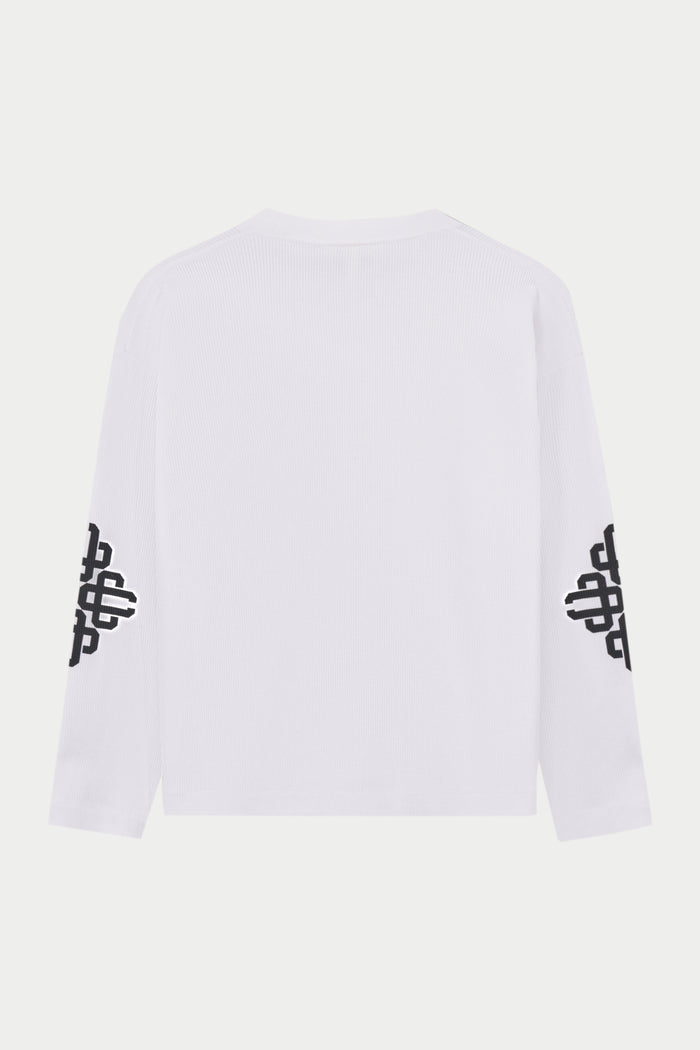 White long-sleeve t-shirt with black logo on a white background