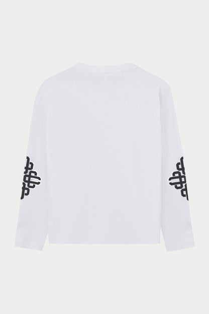 White long-sleeve t-shirt with black logo on a white background
