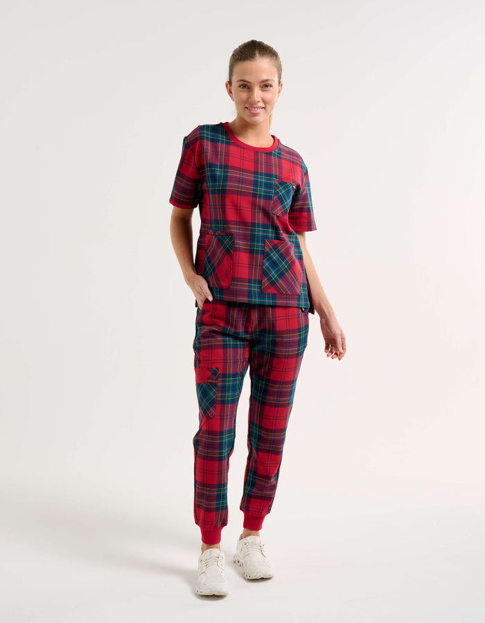 Essential Jogger Scrub Pants - Christmas Red Tartan