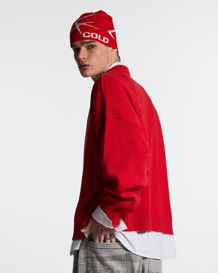 ESSENTIAL KNIT ASTORATH RED - red oversized knit sweater, back view on male model - Cold Culture #man