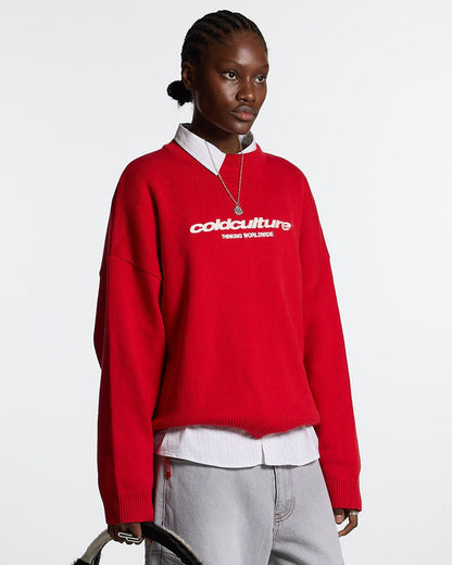 ESSENTIAL KNIT ASTORATH RED - red oversized knit sweater, front view on female model - Cold Culture #woman