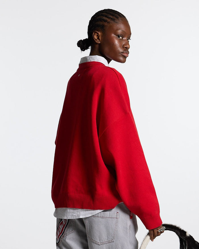 ESSENTIAL KNIT ASTORATH RED - red oversized knit sweater, back view on female model - Cold Culture #woman