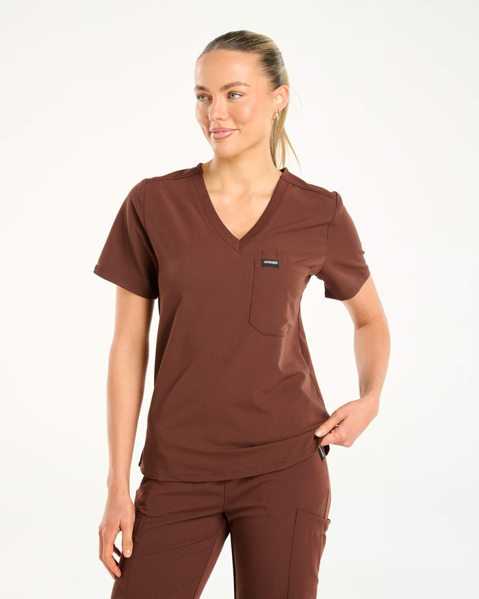 Essential One Pocket V Neck Scrub Top - Cocoa