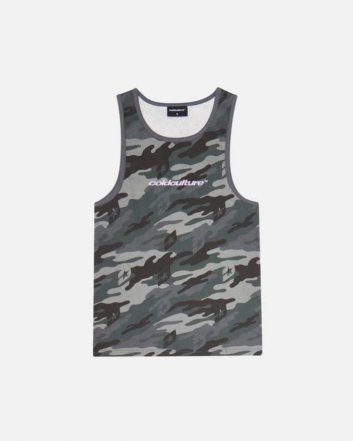 ESSENTIAL TANK TOP CAMO GREY - grey camo tank top, front view - Cold Culture