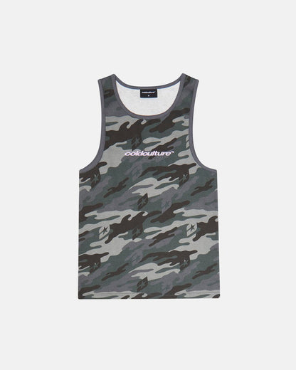 ESSENTIAL TANK TOP CAMO GREY - grey camo tank top, front view - Cold Culture