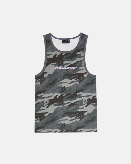 ESSENTIAL TANK TOP CAMO GREY - grey camo tank top, front view - Cold Culture