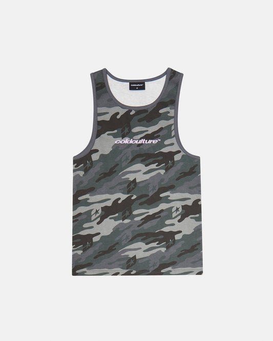 ESSENTIAL TANK TOP CAMO GREY - grey camo tank top, front view - Cold Culture