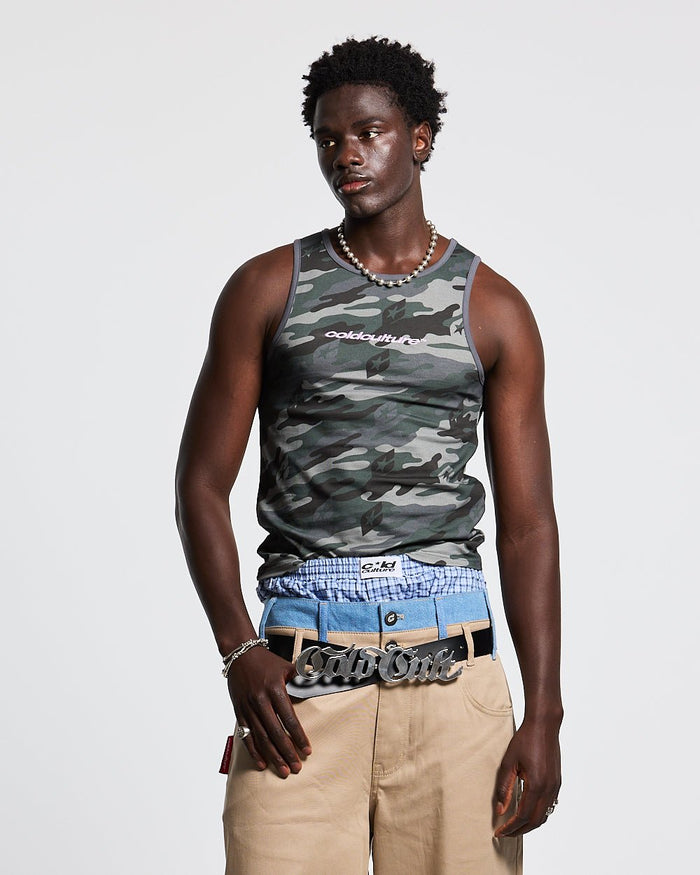 ESSENTIAL TANK TOP CAMO GREY - grey camo tank top, front view on male model - Cold Culture #man