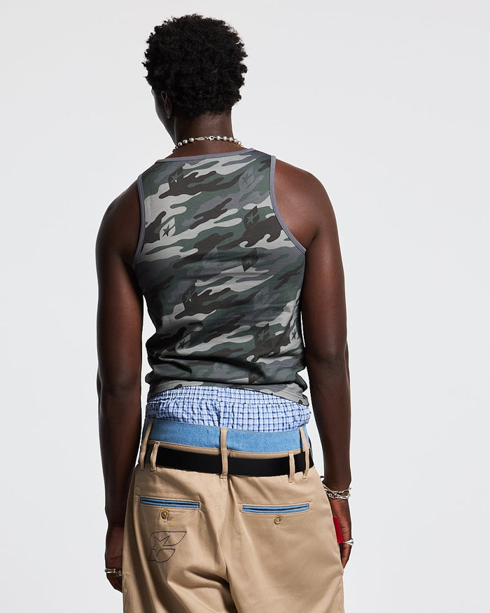 ESSENTIAL TANK TOP CAMO GREY - grey camo tank top, back view on male model - Cold Culture #man