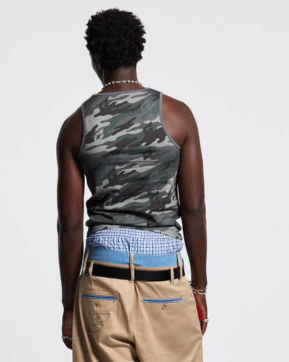 ESSENTIAL TANK TOP CAMO GREY - grey camo tank top, back view on male model - Cold Culture #man