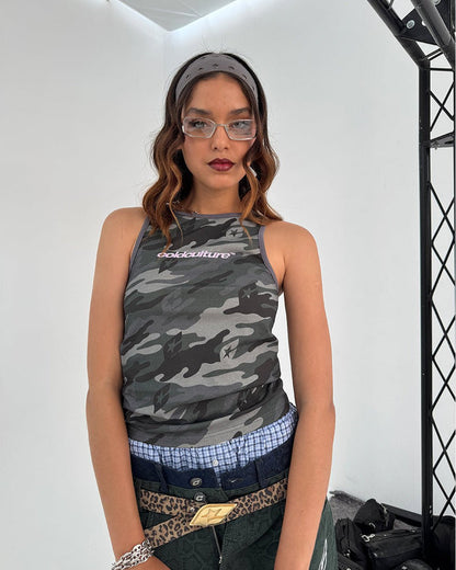 ESSENTIAL TANK TOP CAMO GREY - grey camo tank top, on model close-up - Cold Culture