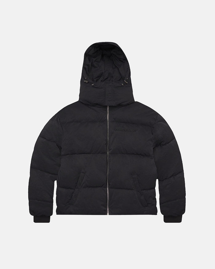 EVERYDAY PUFFER BLACK - black hooded puffer jacket, front view - Cold Culture