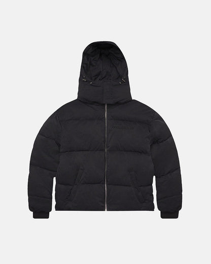 EVERYDAY PUFFER BLACK - black hooded puffer jacket, front view - Cold Culture