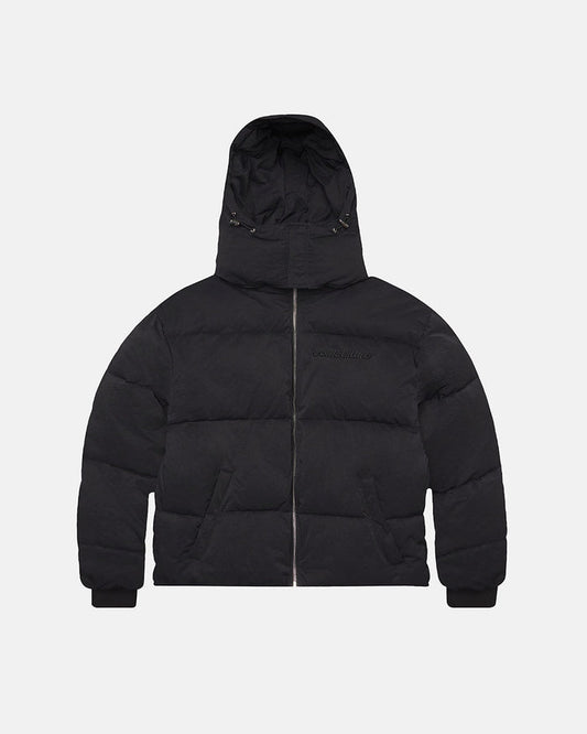 EVERYDAY PUFFER BLACK - black hooded puffer jacket, front view - Cold Culture
