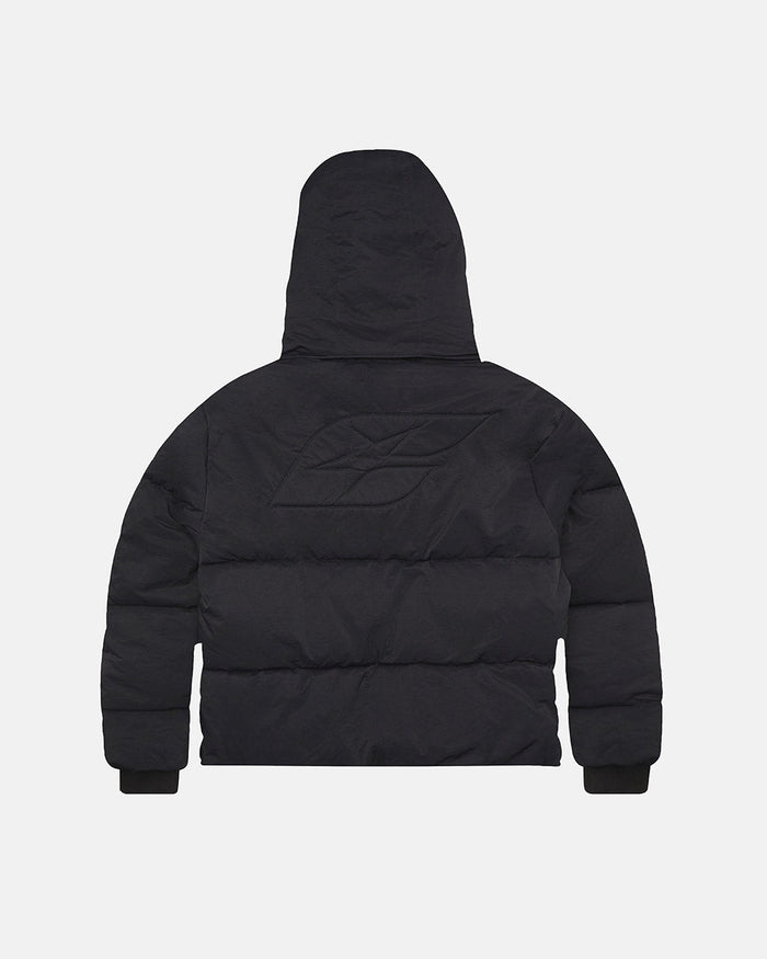 EVERYDAY PUFFER BLACK - black hooded puffer jacket, back view - Cold Culture