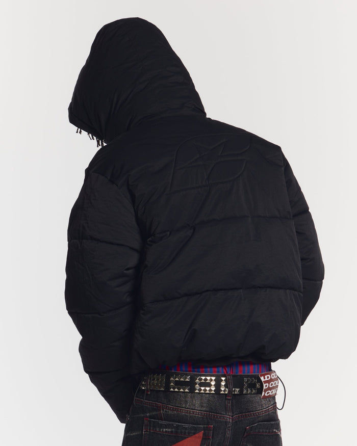 EVERYDAY PUFFER BLACK - black hooded puffer jacket, back view on male model - Cold Culture #man