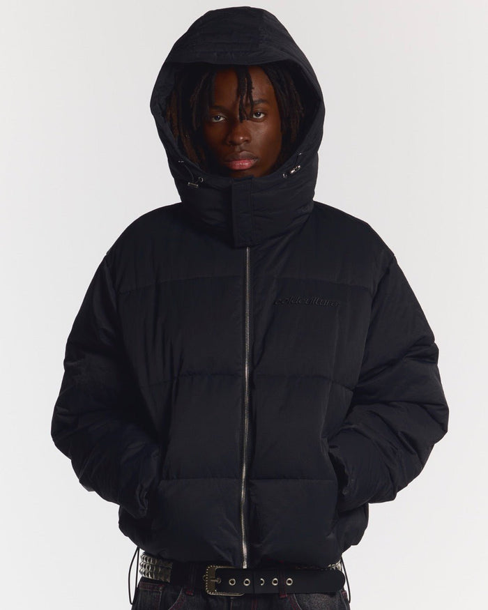 EVERYDAY PUFFER BLACK - black hooded puffer jacket, front view on male model - Cold Culture #man