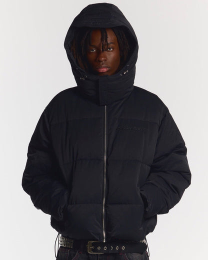 EVERYDAY PUFFER BLACK - black hooded puffer jacket, front view on male model - Cold Culture #man