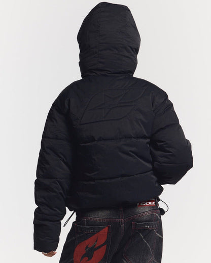 EVERYDAY PUFFER BLACK - black hooded puffer jacket, back view on female model - Cold Culture #woman