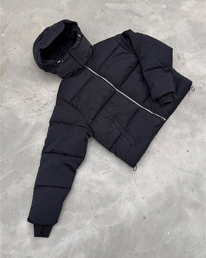 EVERYDAY PUFFER BLACK - black hooded puffer jacket, flat lay - Cold Culture