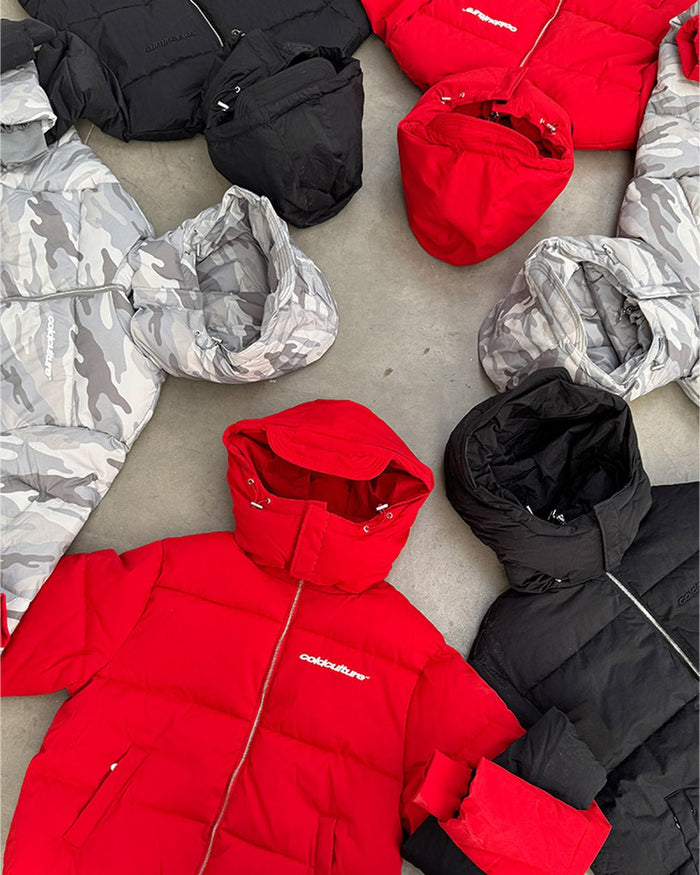 EVERYDAY PUFFER RED - red puffer jacket, flat lay with matching pieces - Cold Culture