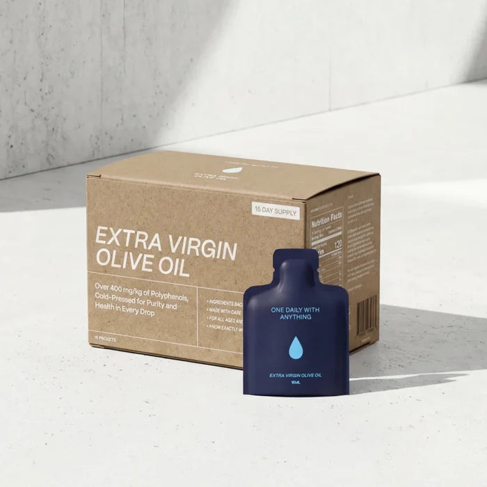 Blueprint Bryan Johnson Extra Virgin Olive Oil blue bottle with kraft paper packaging