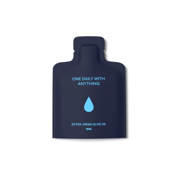 A small bottle of extra virgin olive oil labeled 'ONE DAILY WITH ANYTHING'