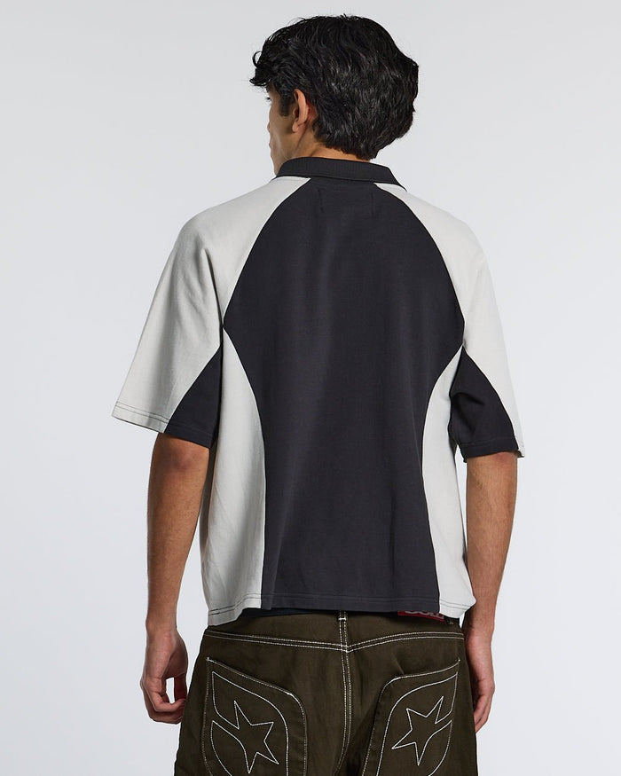 EXTREME POLO IRON GREY - grey two-tone zip polo shirt, back view on male model - Cold Culture #man