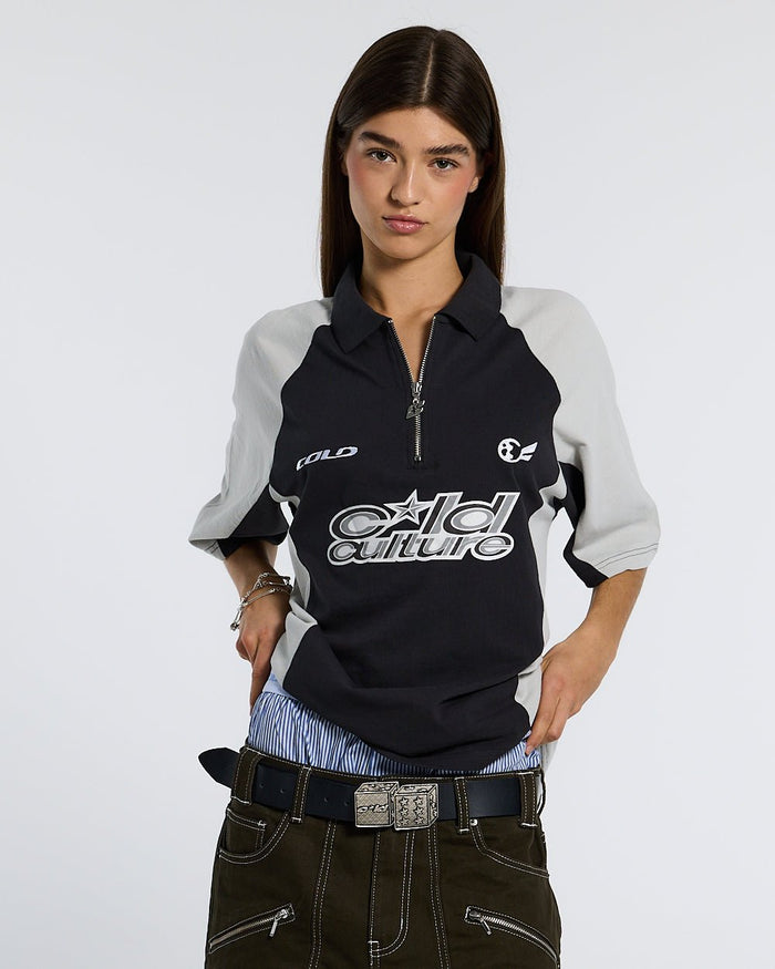 EXTREME POLO IRON GREY - grey two-tone zip polo shirt, front view on female model - Cold Culture #woman