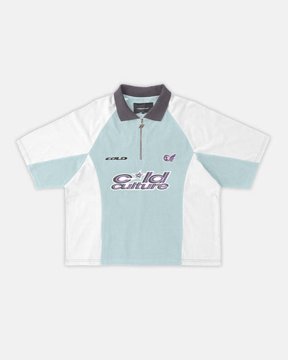 EXTREME POLO IRON LIGHT BLUE AND GREY - light blue and grey polo shirt, front view - Cold Culture