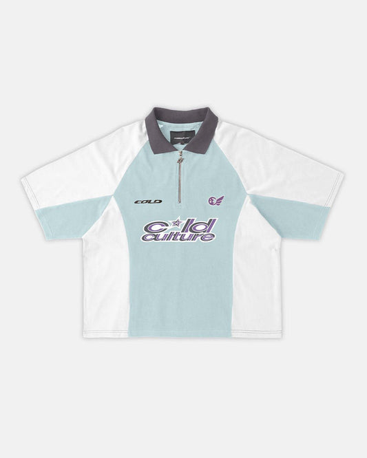 EXTREME POLO IRON LIGHT BLUE AND GREY - light blue and grey polo shirt, front view - Cold Culture