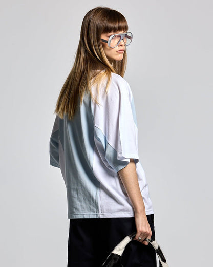 EXTREME POLO IRON LIGHT BLUE AND GREY - light blue and grey polo shirt, back view on female model - Cold Culture #woman