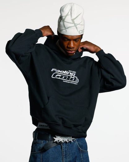 FEELING GOOD TODAY HOODIE BLACK - black oversized hoodie, front view on male model - Cold Culture #man