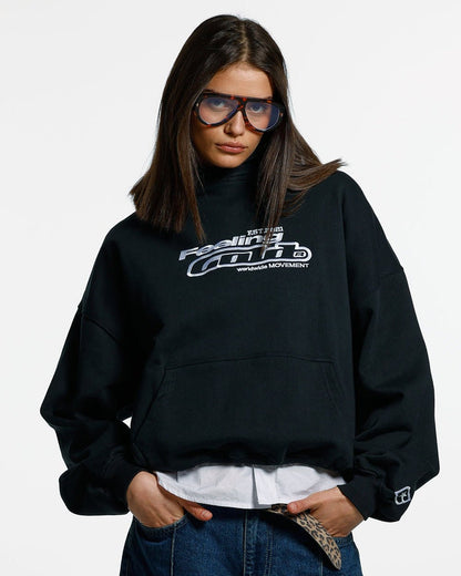 FEELING GOOD TODAY HOODIE BLACK - black oversized hoodie, front view on female model - Cold Culture #woman