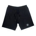 Black athletic shorts with a drawstring waistband and a small white logo near the left hem, displayed on a plain white background.