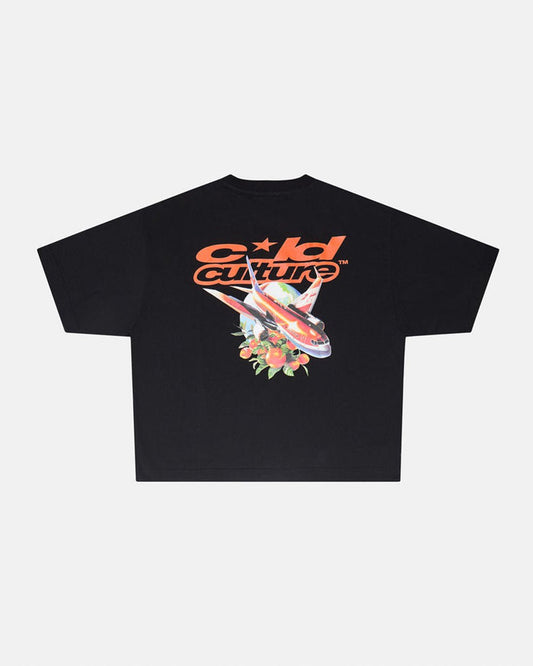 FLIGHT PATH TEE BLACK - black graphic print tee, back view - Cold Culture