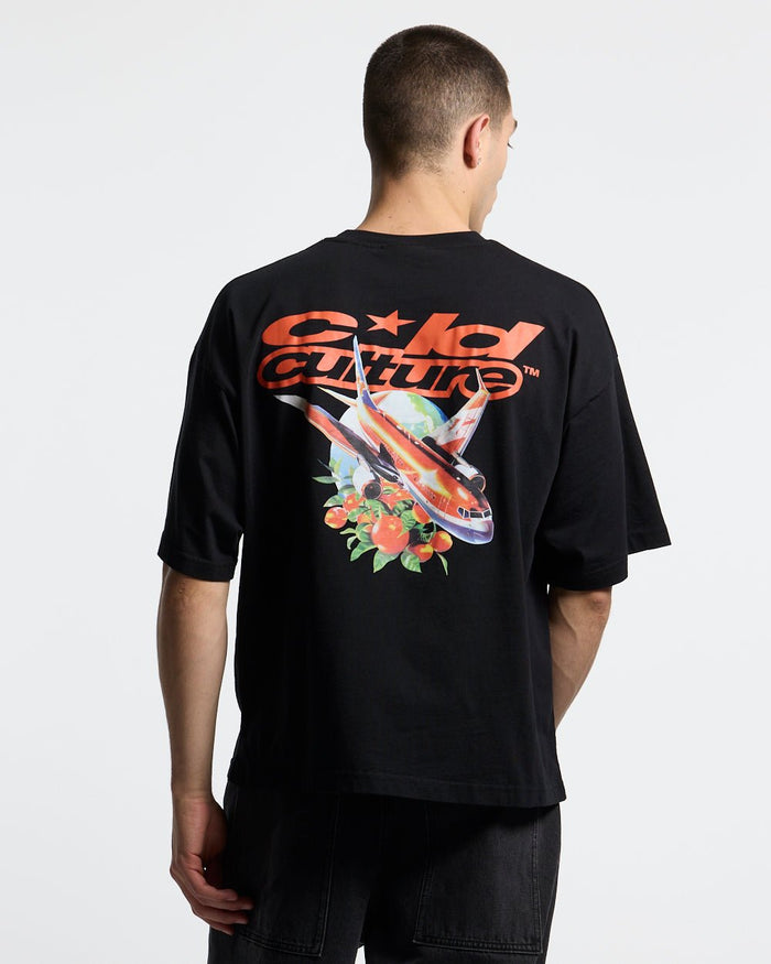 FLIGHT PATH TEE BLACK - black graphic print tee, back view on male model - Cold Culture #man